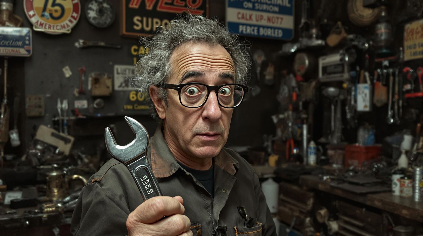 Woody Allen Confused Holding Allen Wrench in Mechanics Shop