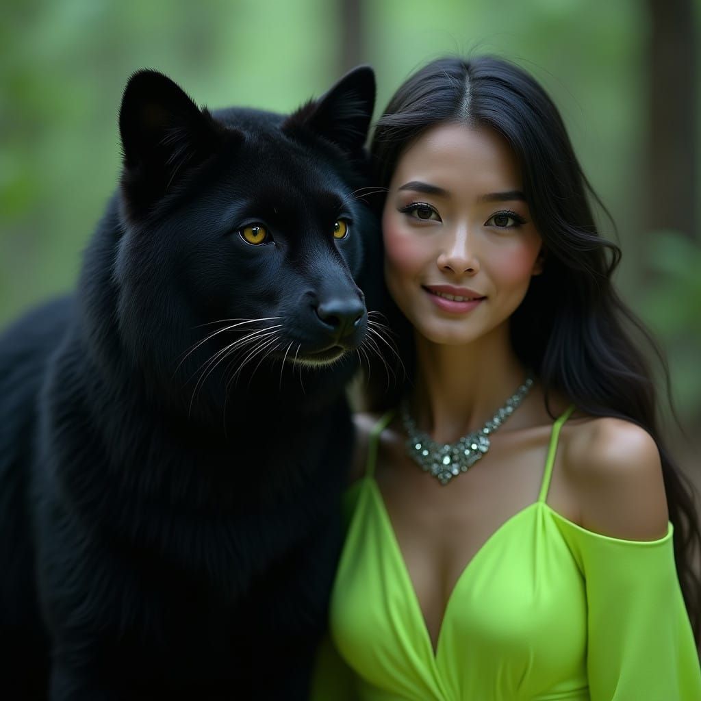 Ethereal Goddess Surrounded by Majestic Black Puma in a Drea...