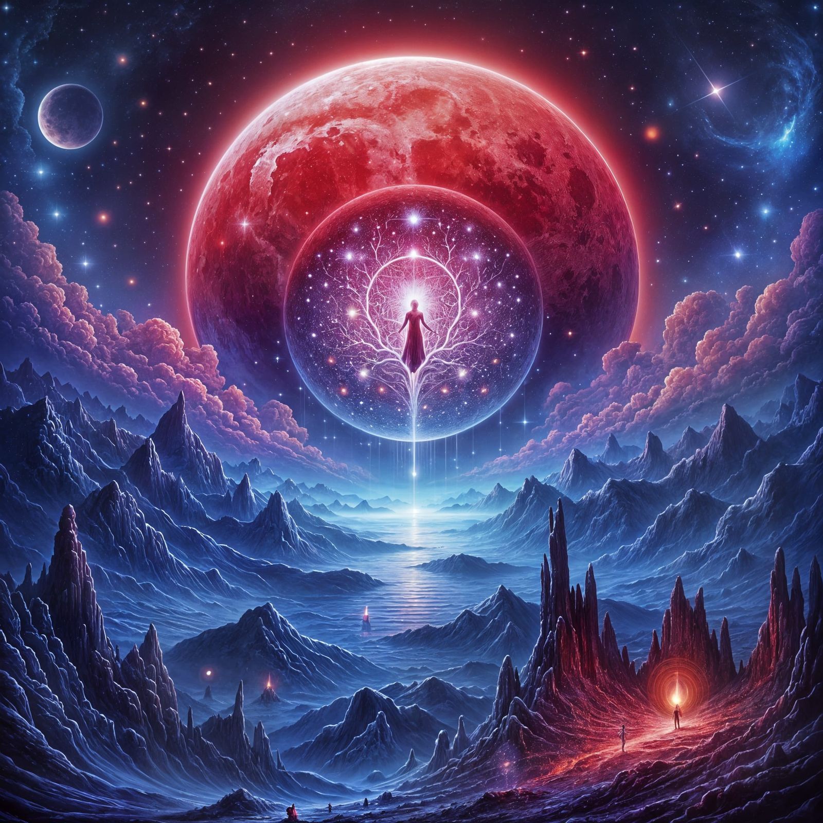 Ethereal Landscape Under Blood-Red Moon