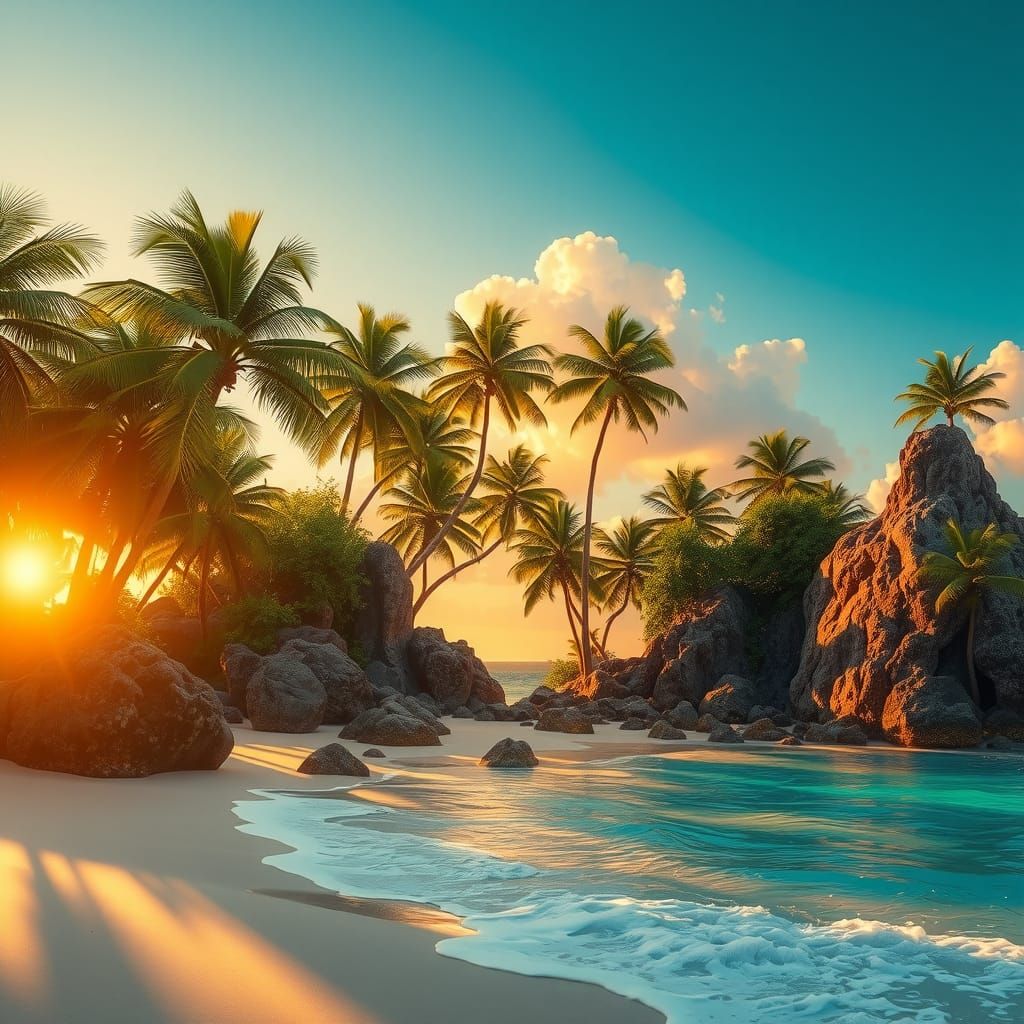 Tropical Beach Sunset with Golden Light