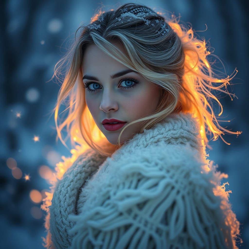 Ethereal Woman with Wings in Snowy Landscape, Understated Bl...