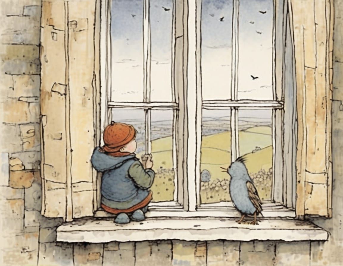 A Young Boy's Window Companion, a Serene Bird Scene