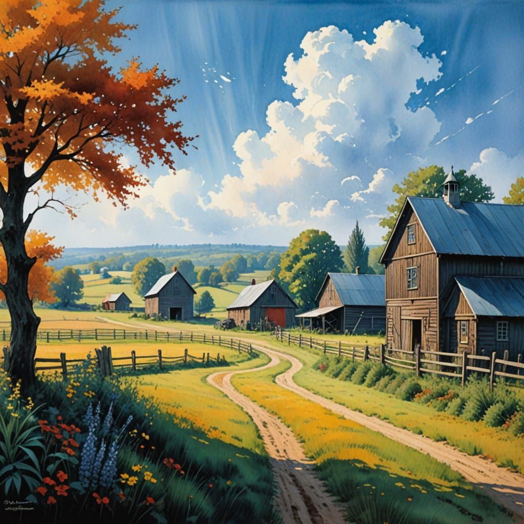 Amish Farm in Watercolor Style