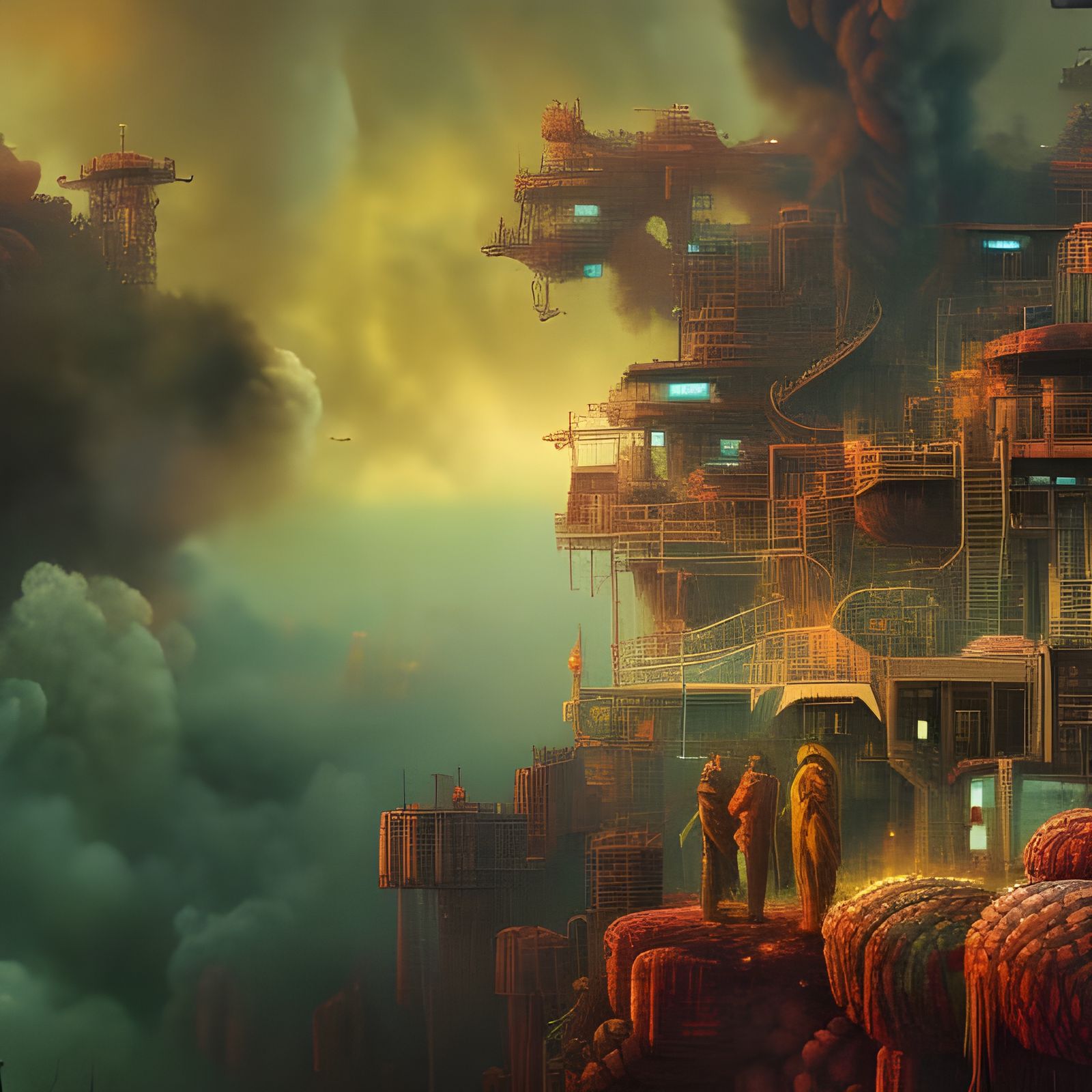 Stressed Man in Toxic Gas: Watercolor Painting