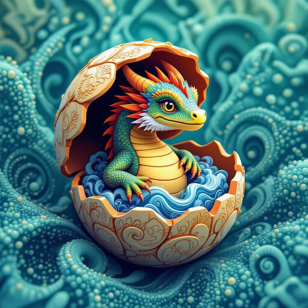 Proud colorful dragon baby coming out of shell abstract vect...