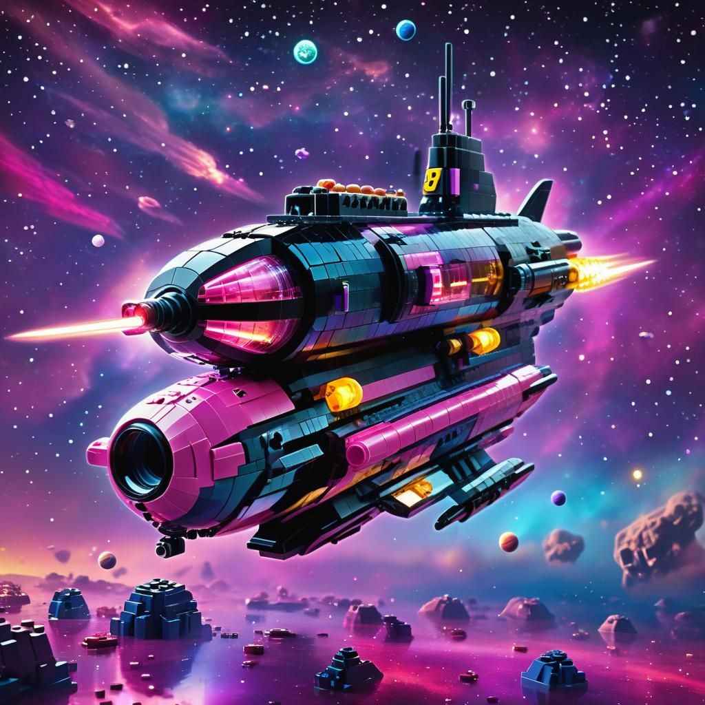 LEGO Spaceship Glides Through Nebula: Digital Art