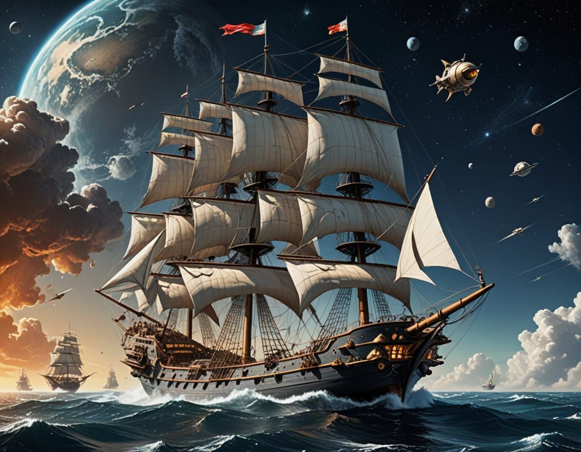 Retrofuturistic Spanish Galleon Soaring Through Space