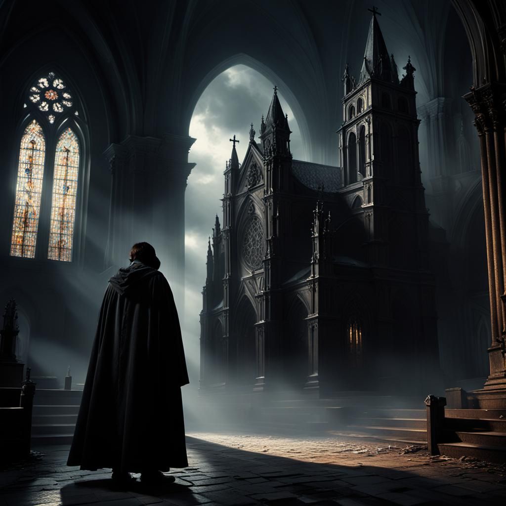 Dark Gothic Church Search in Dramatic Lighting