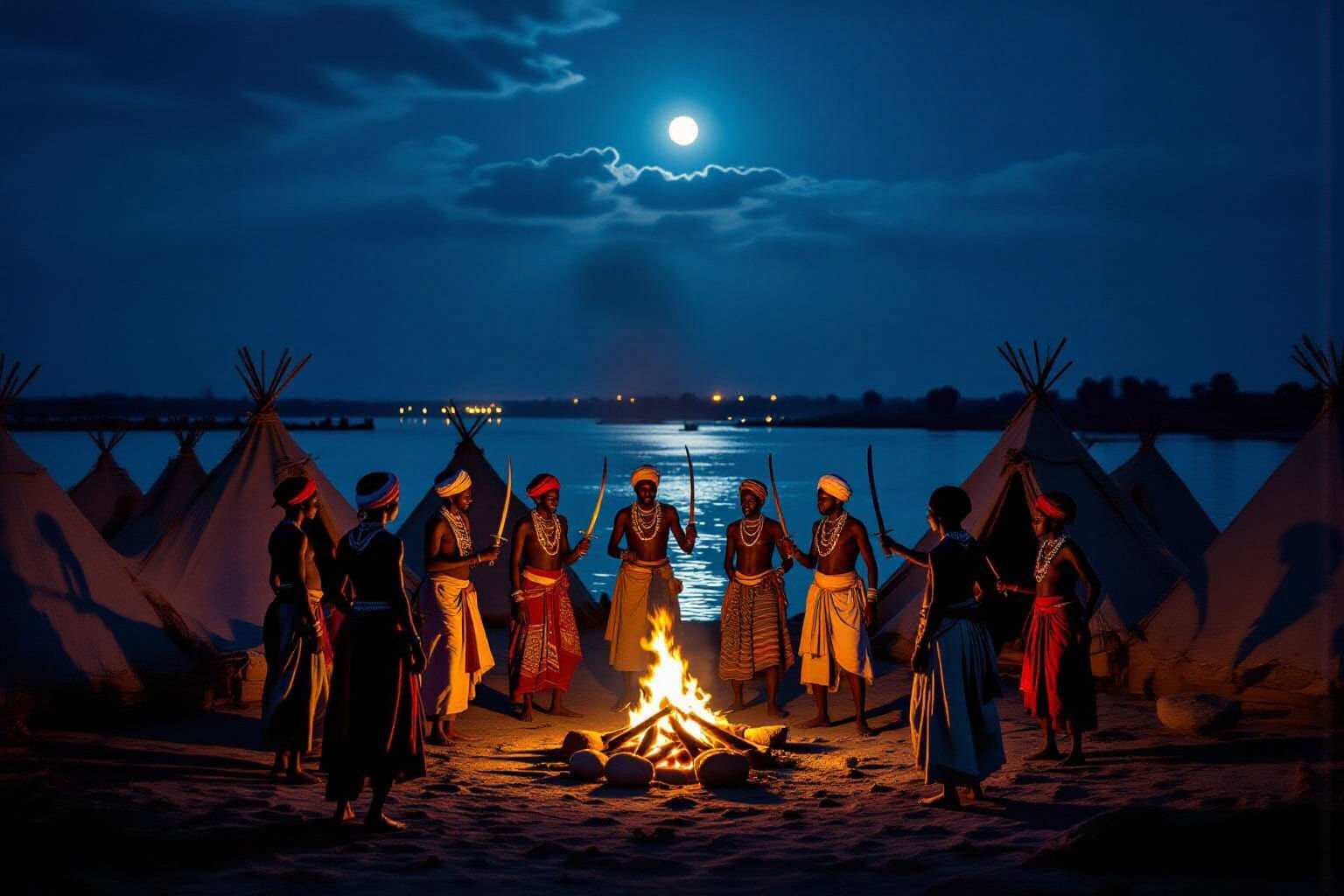 Nubian Warriors Dancing by Nile Campfire