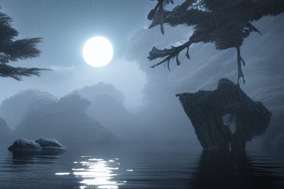 Shattered Moon Over Tranquil Lake: 8k Concept Art