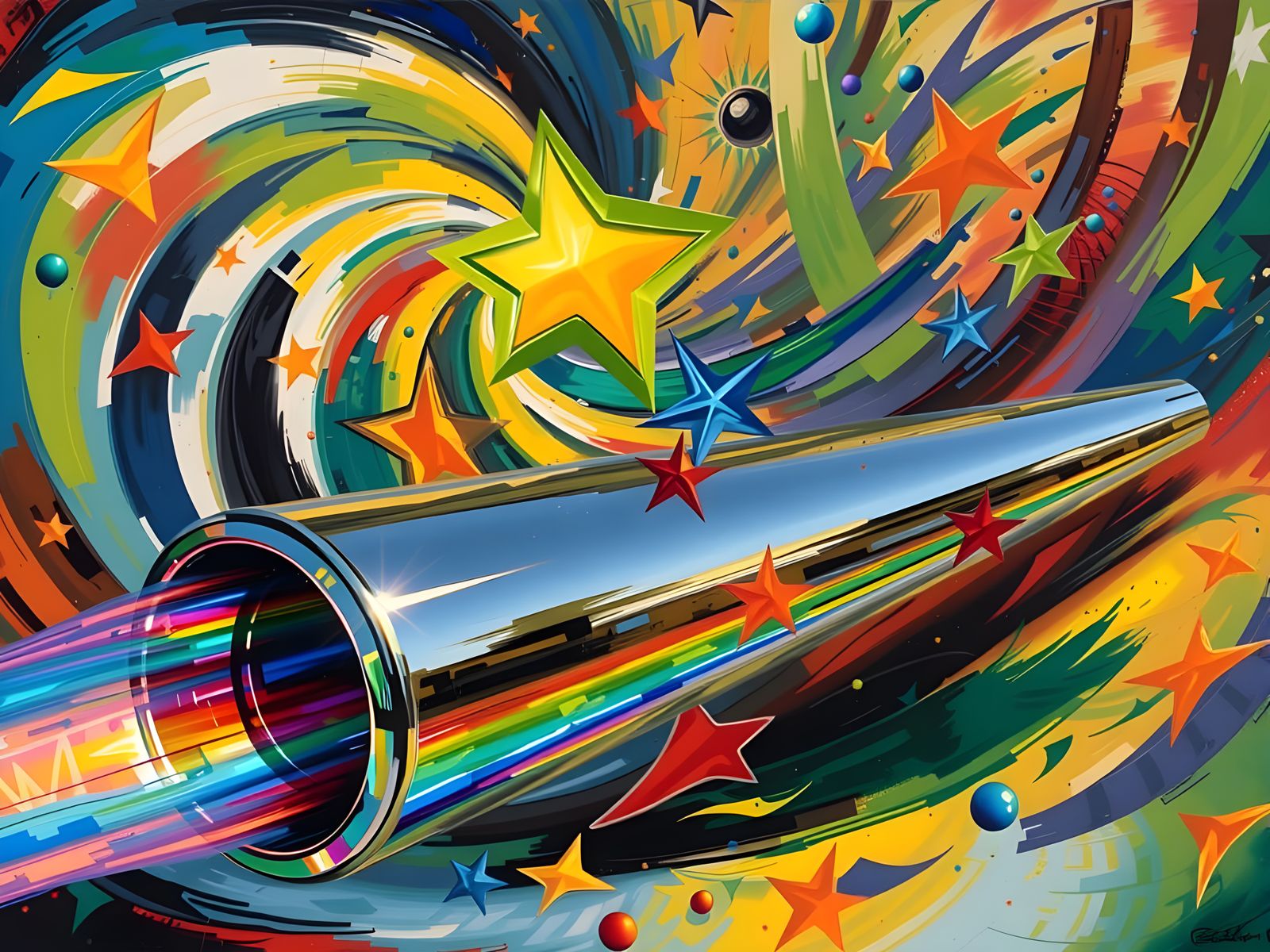 Sleek Mirror Cylinder with Iridescent Exhaust in Vortex Mael...