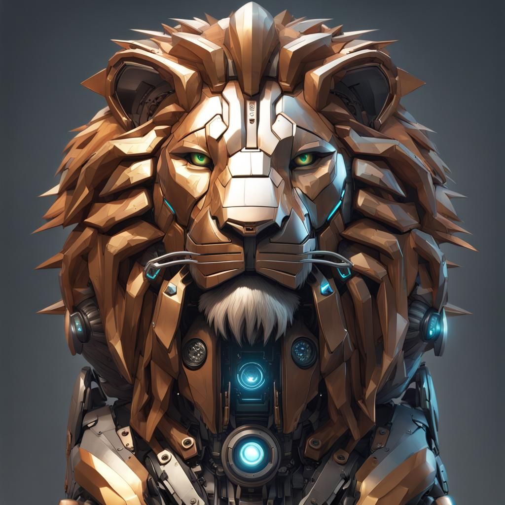 Robotic Lion Portrait in Hyperdetailed Digital Art