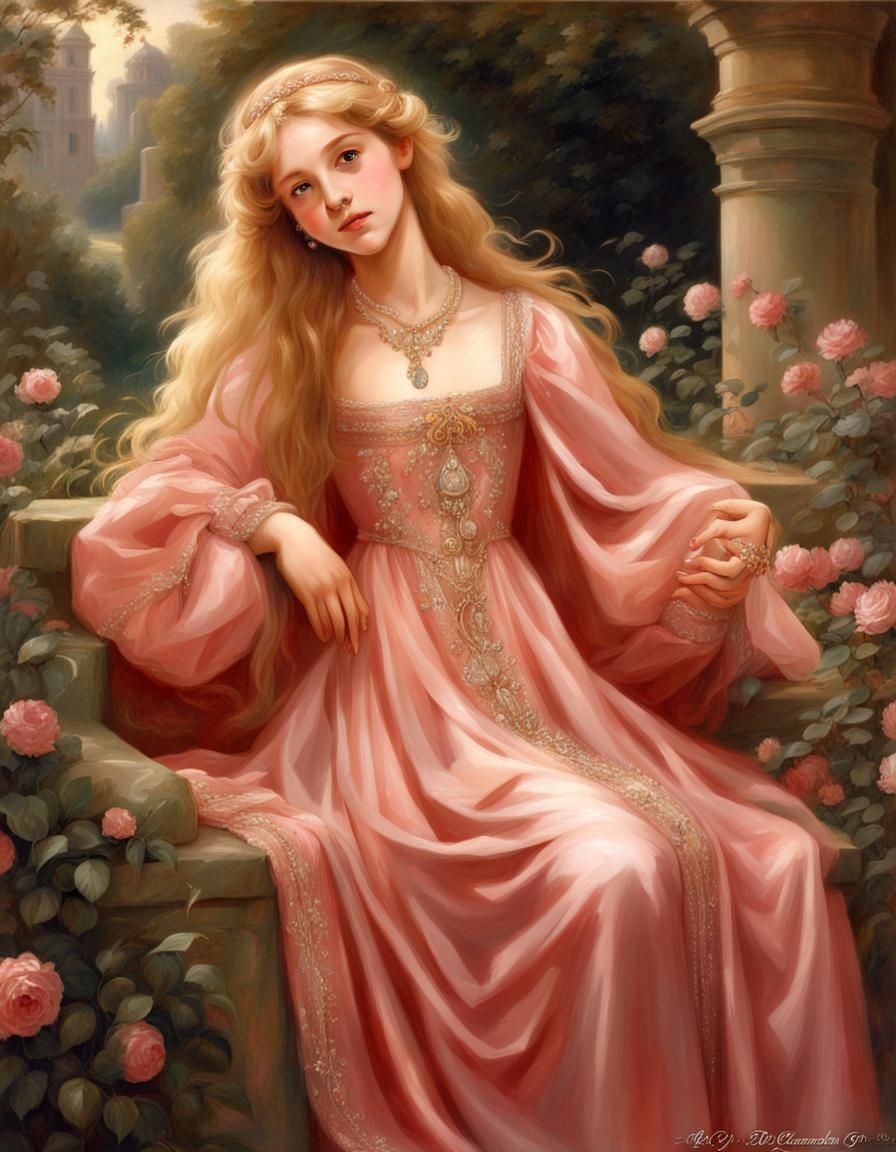 Renaissance Girl in Red Gown in Garden