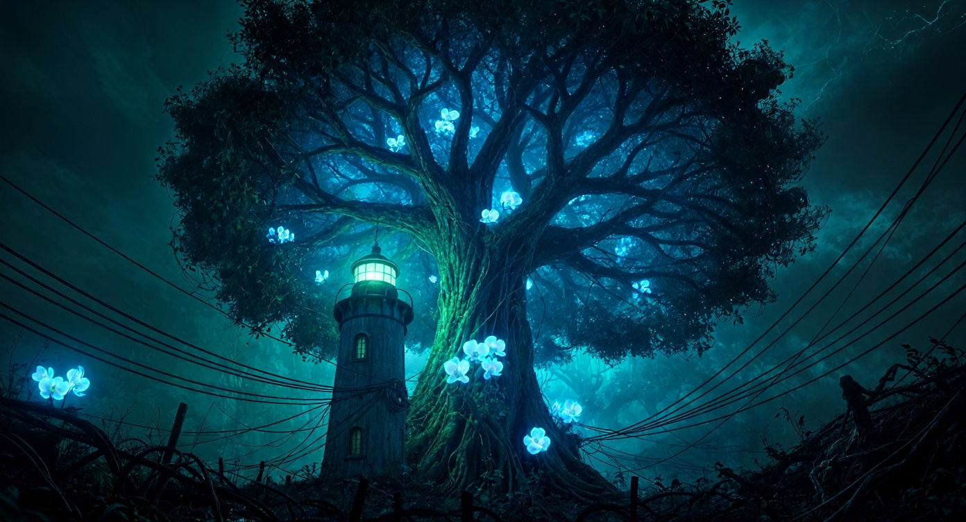Sakura Tree on Lighthouse in Cybernetic Garden