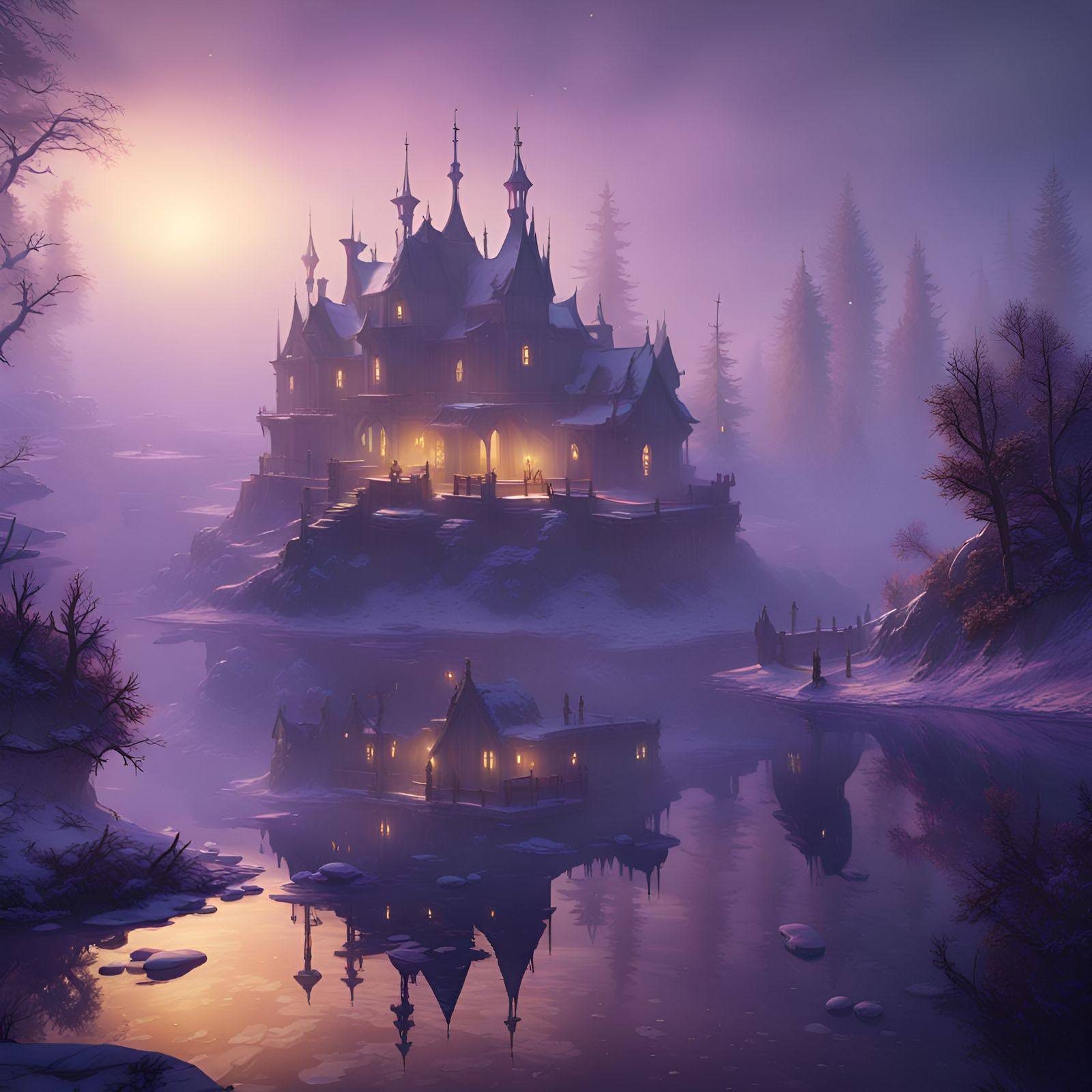 Foggy Winter Lake: Dark Fantasy Concept Art