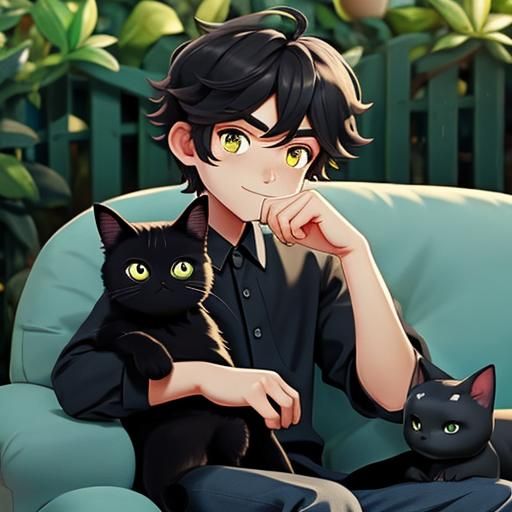 Boy Cuddling Black Cat in Lap