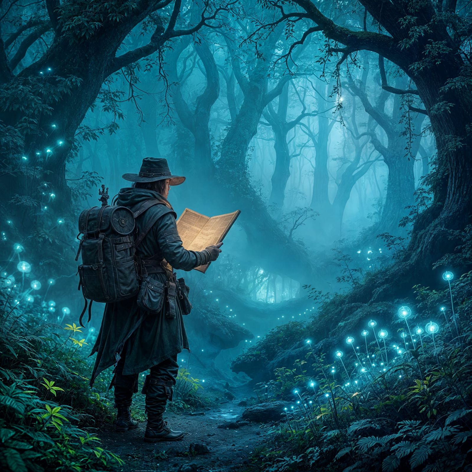 Explorer at Edge of Bioluminescent Forest, Digital Matte Pai...