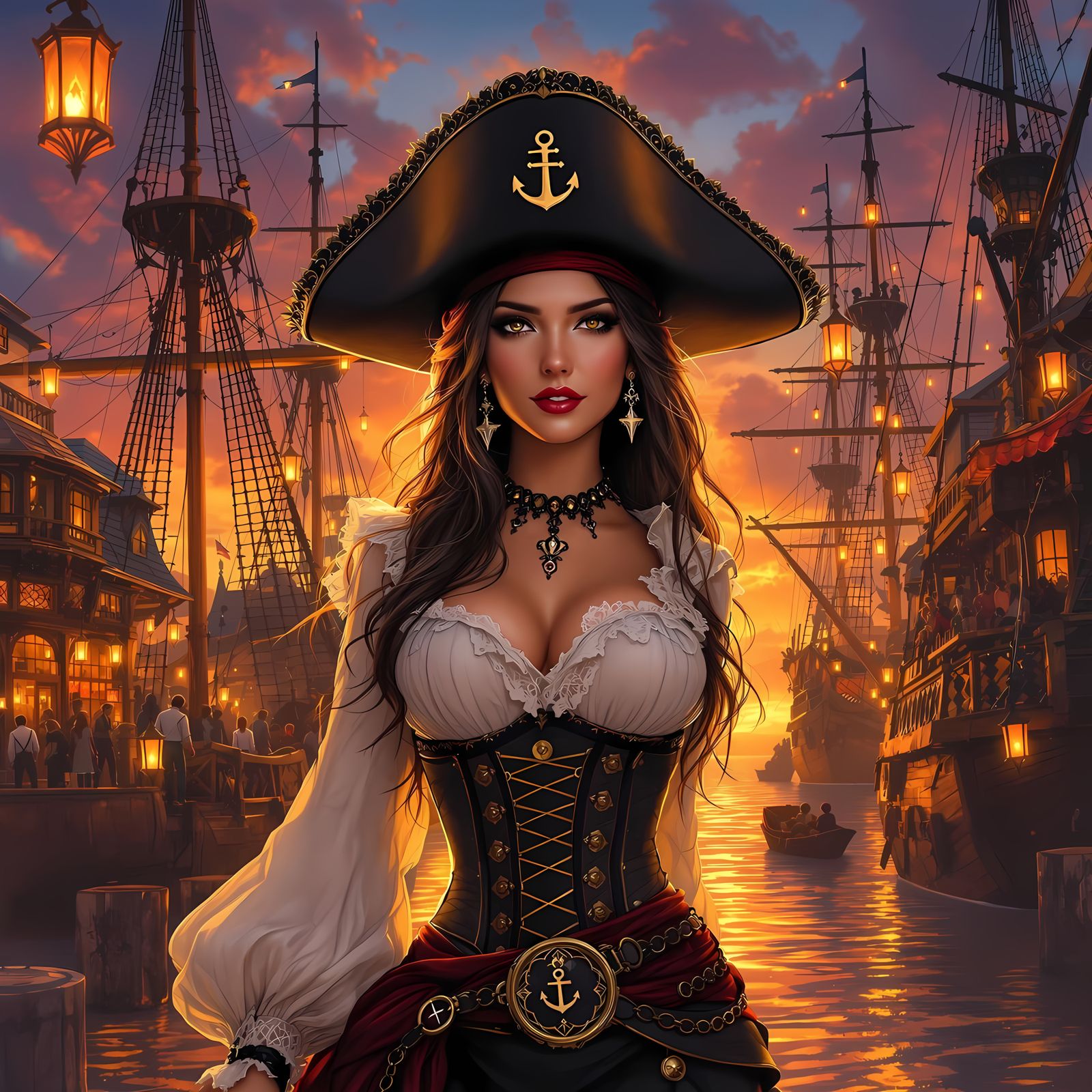 Confident Pirate Maiden Illuminated by Sunset in Bustling Ha...