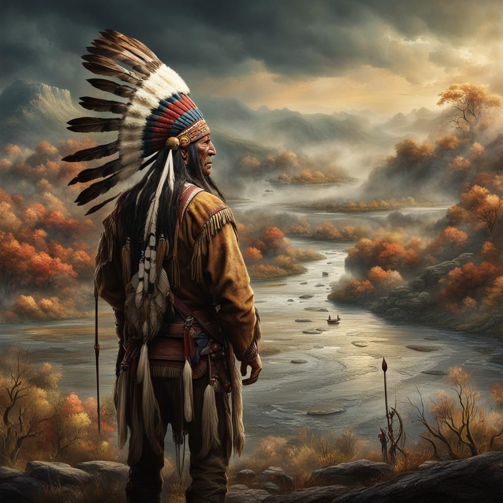 Antique photo of Native American American Indian Chief crying tears as he looks out at man's pollution of rivers
