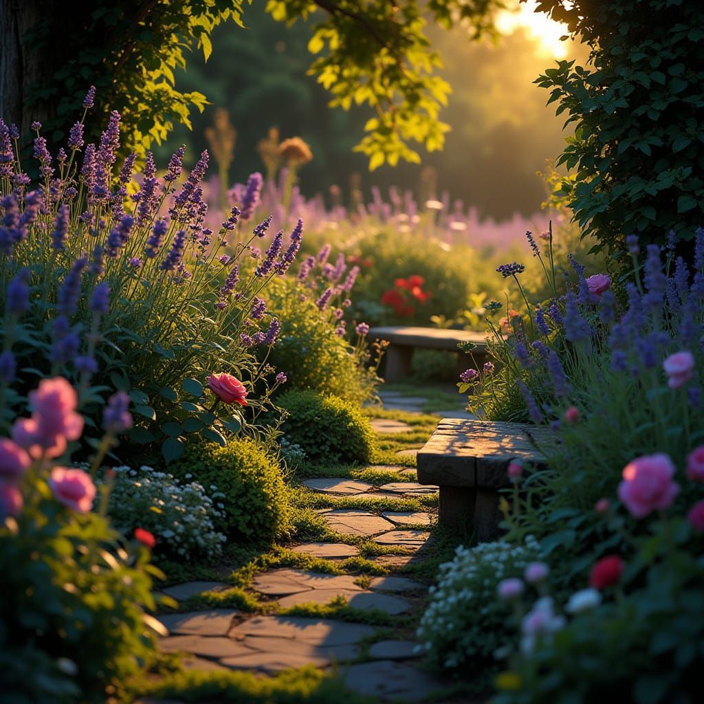 Lush Garden Scene at Dusk, with Lavender and Roses in Bloom