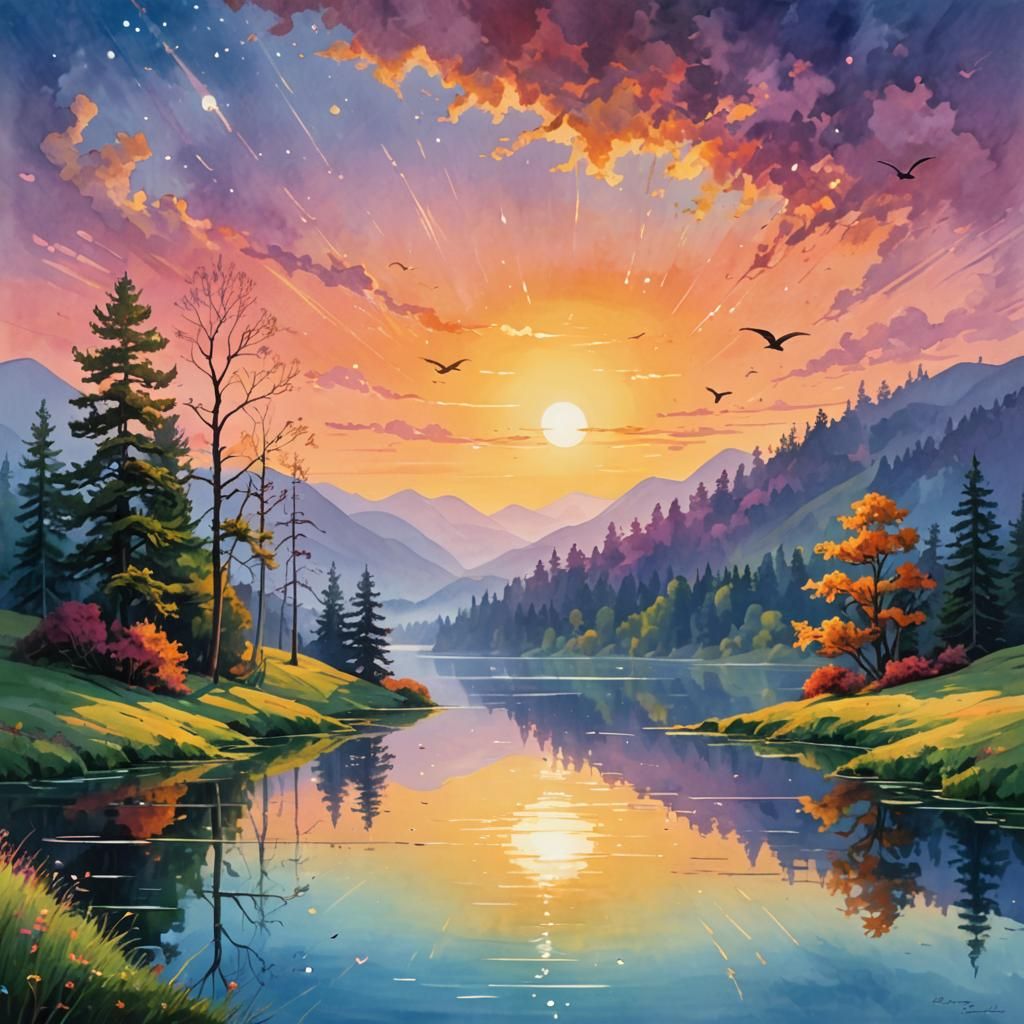 Enchanted Lake Reflects Dawn in Digital Landscape