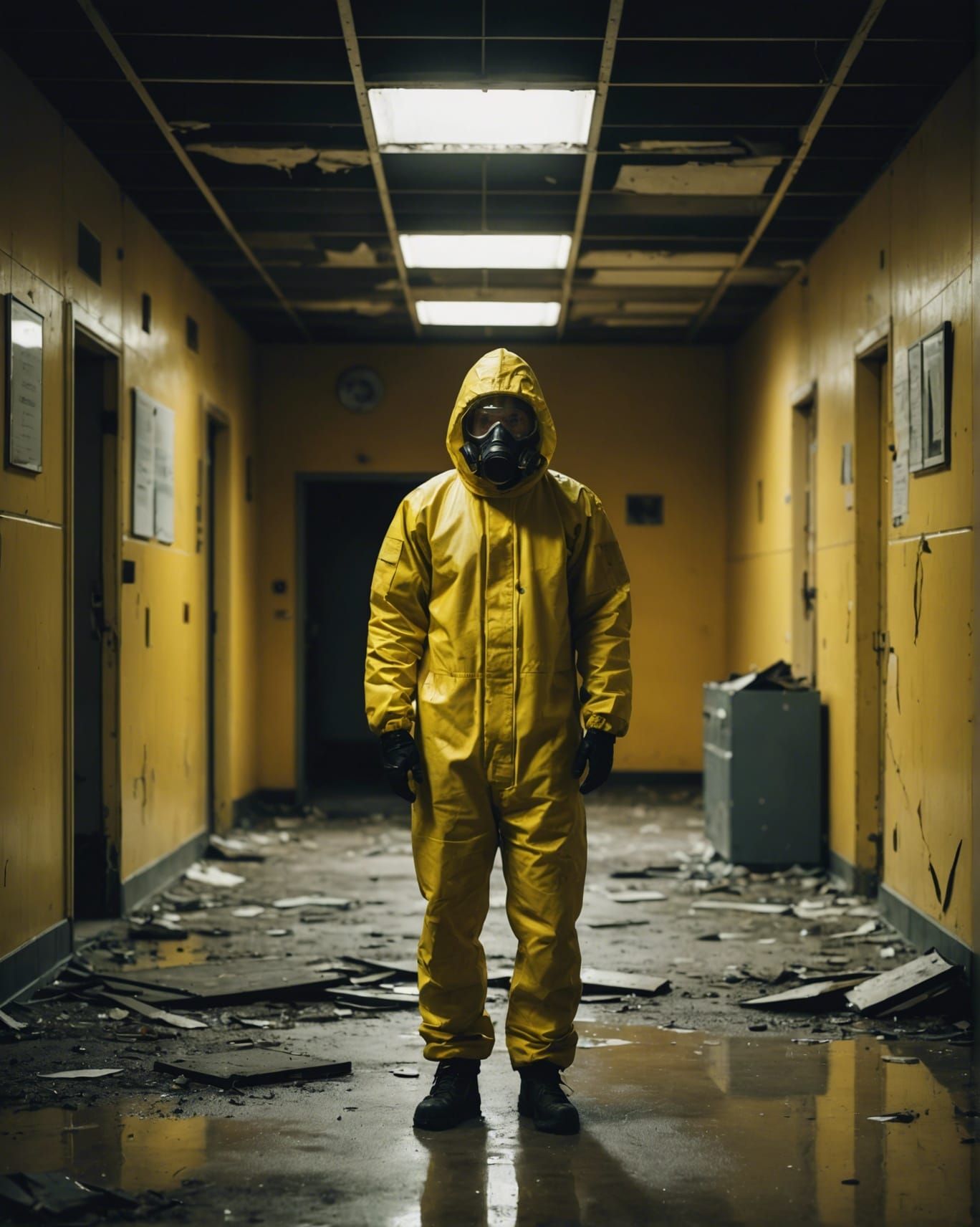 Hazmat Suit in Run-Down Office: Cinematic Image