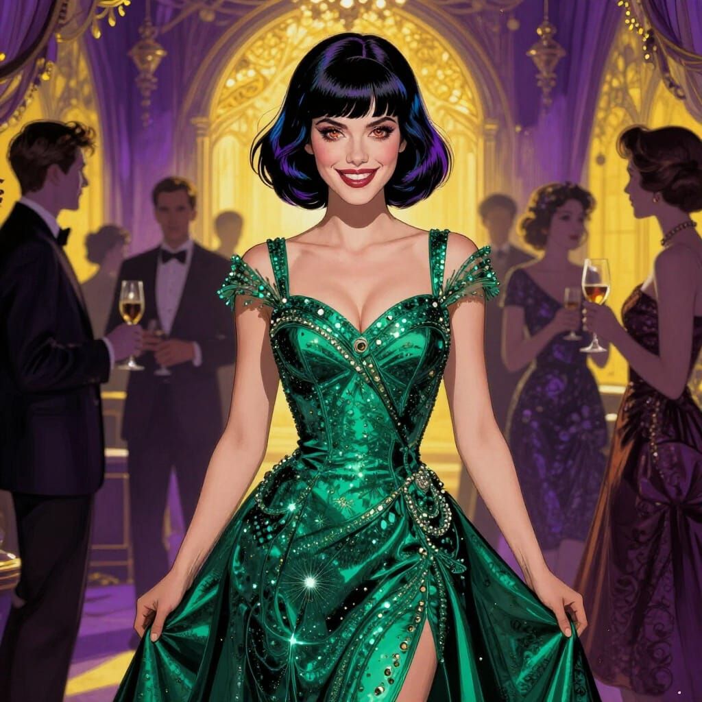 Woman in Emerald Gown at Holiday Party