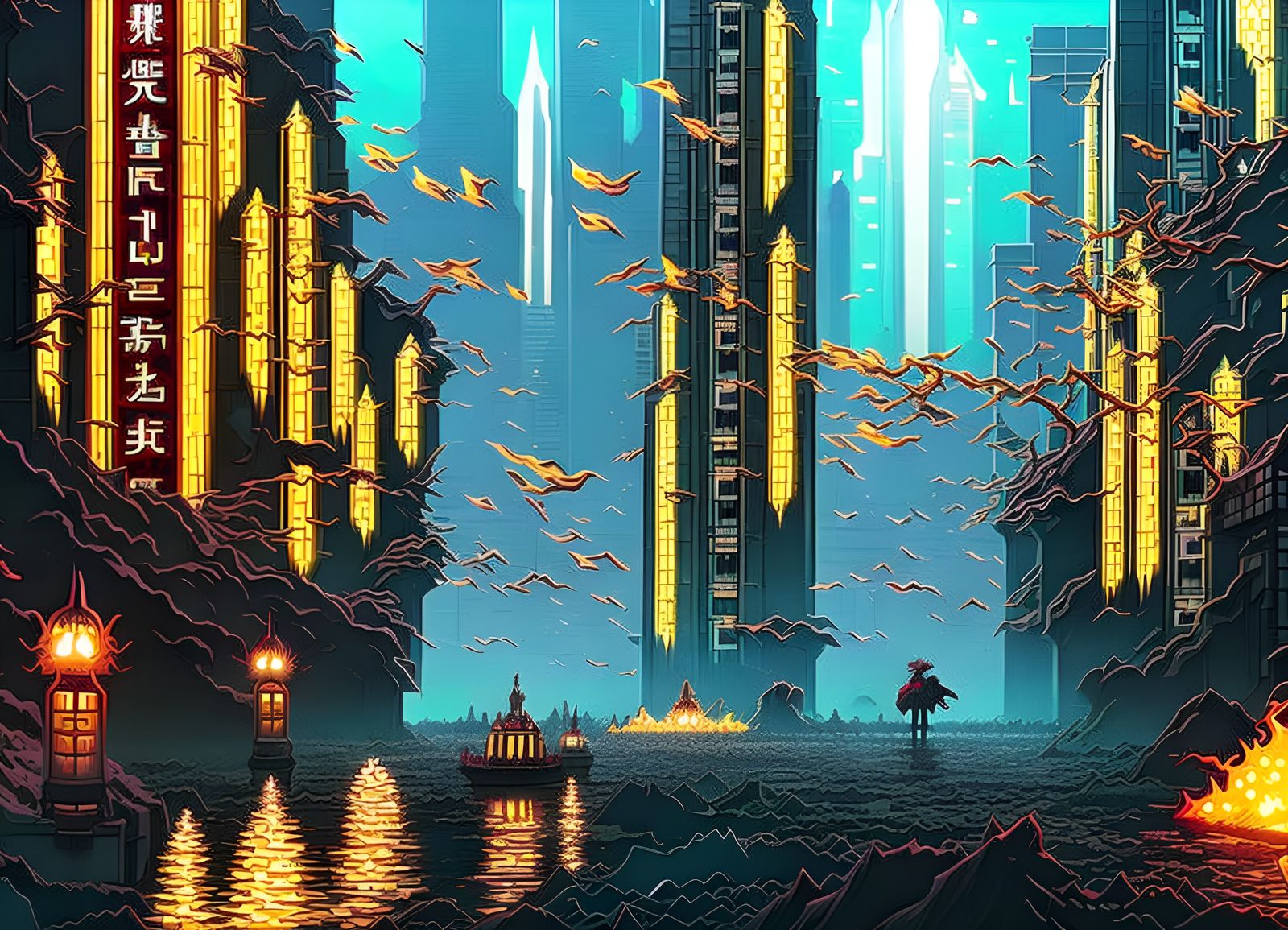 Retrofuturistic Tokyo Cityscape in Anime Art Style