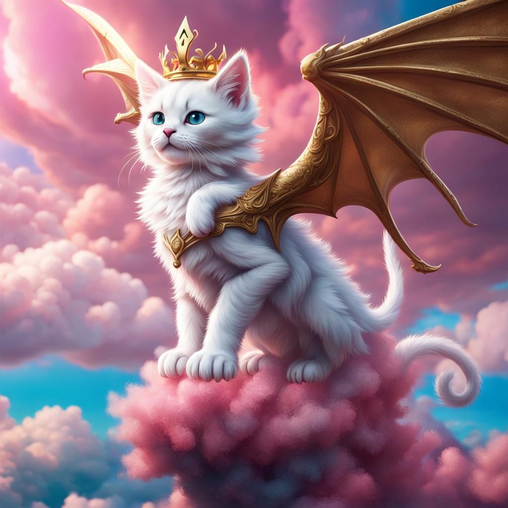 Kitten on Dragon with Crown in Fantasy Art
