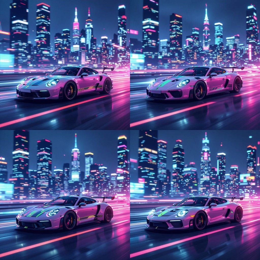 Neon Porsche Carrera on Futuristic Highway