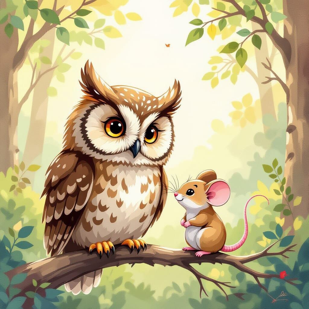 Owl and Mouse Friendship in Storybook Gouache Style