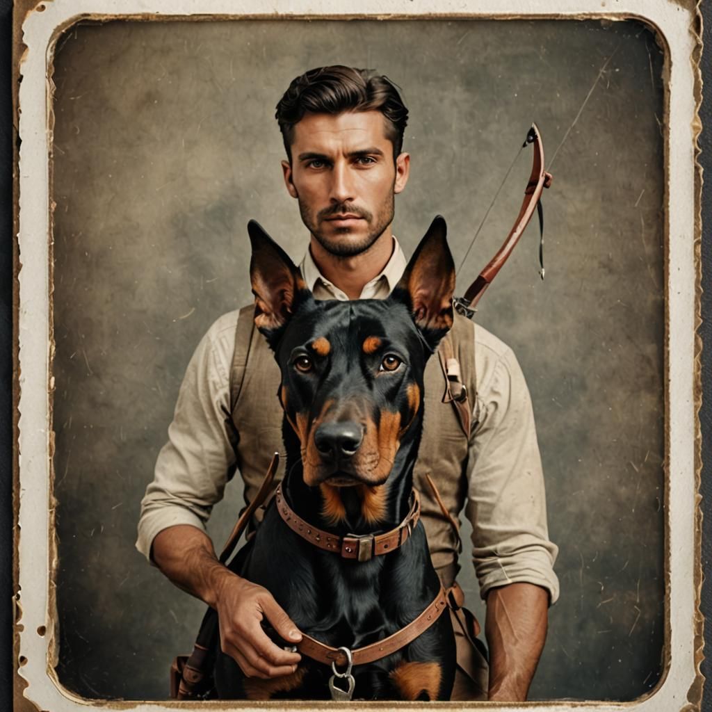 Vintage Portrait of Archer with Doberman