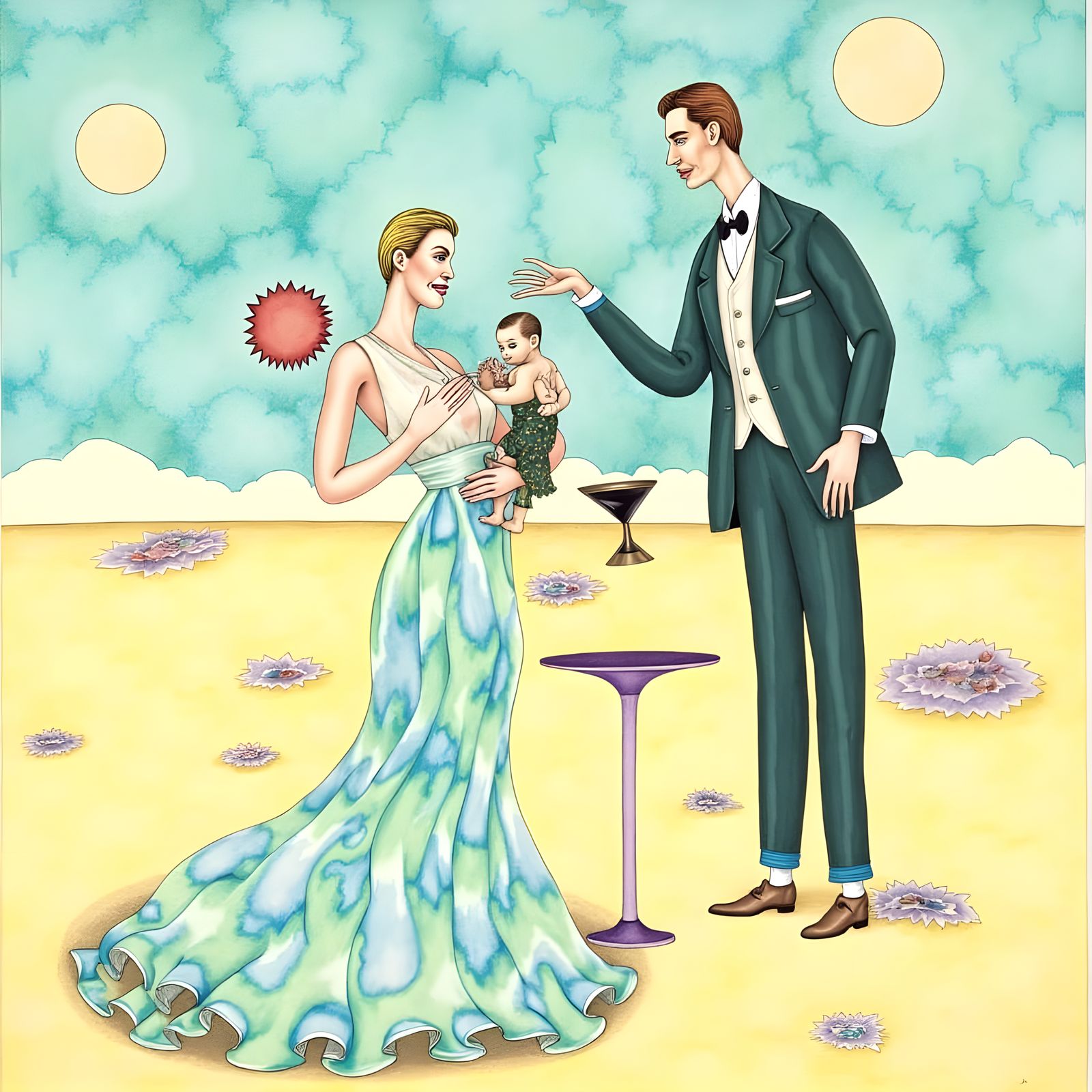 Surreal Cosmic Dance in Vibrant Watercolor Style