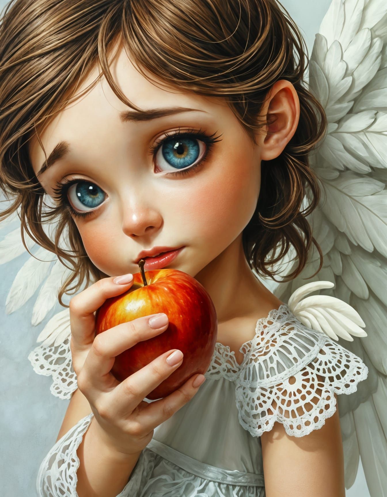 Anime Angel with Apple: Oil Painting in Surreal Style