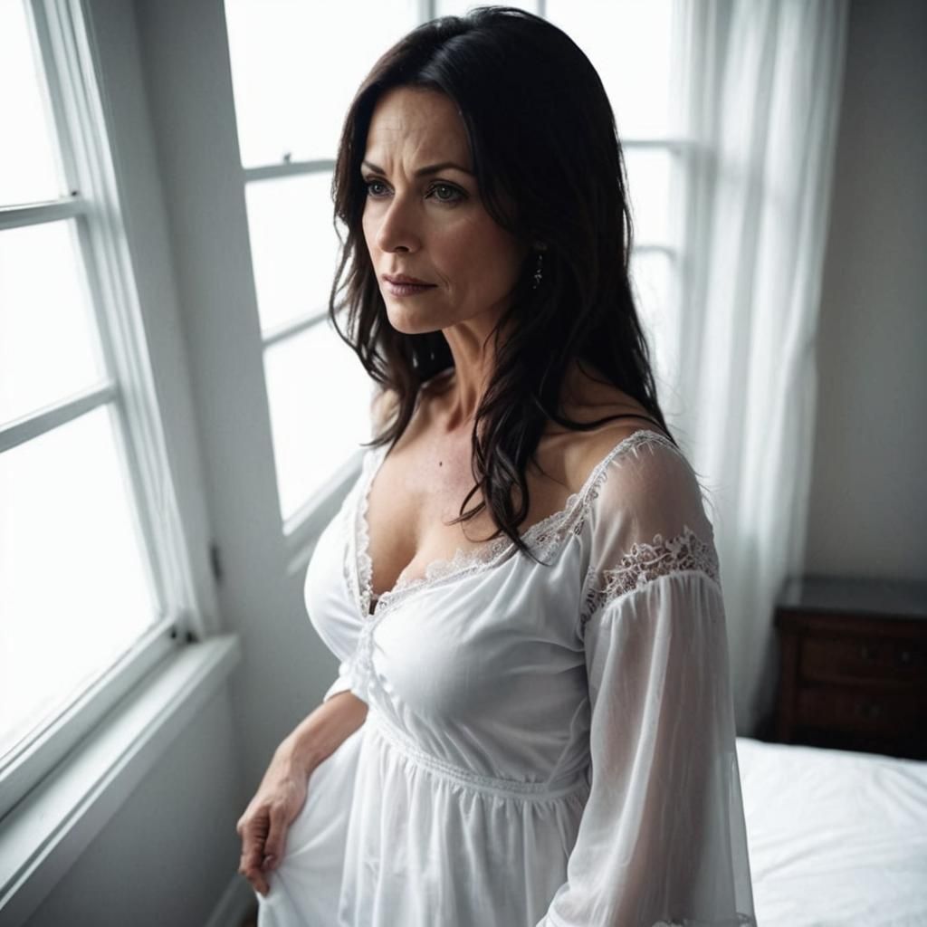 Elegant Woman in White Nightgown at Window