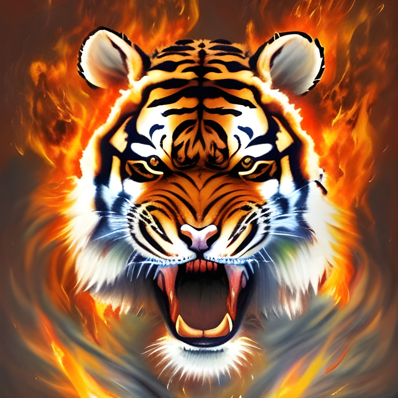 Fiery Tiger Head Roaring in Flames: Fantasy Painting