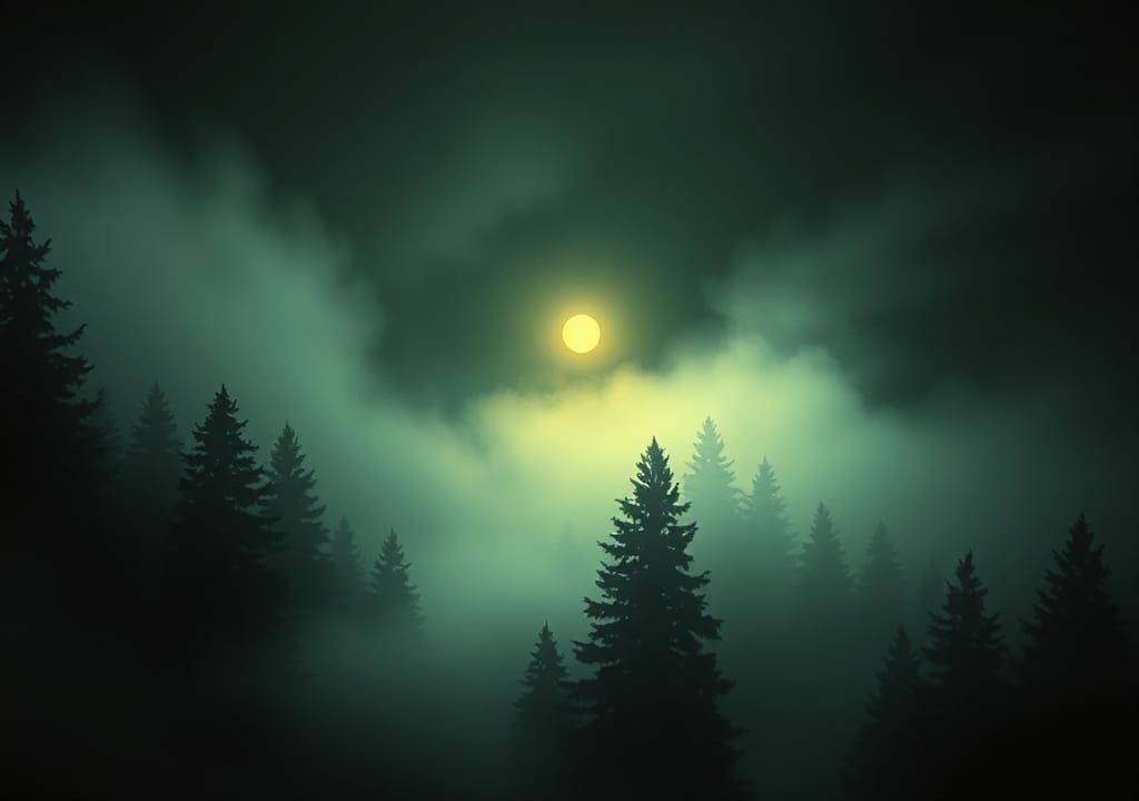 Magical Light Orb Over Foggy Evergreen Forest