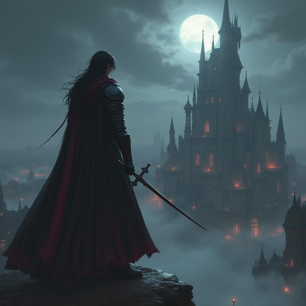 Vampire Hunter Overlooking Gothic City in Dark Fantasy Style