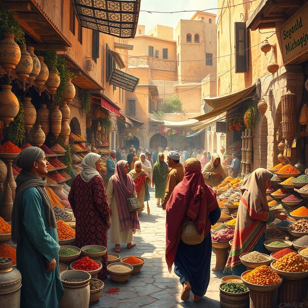 Arabian Spice Market Scene in Classical Art Style