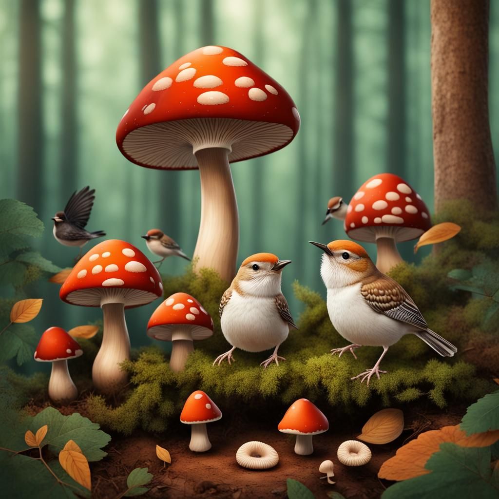 Little Birds in Magic Forest with Mushrooms