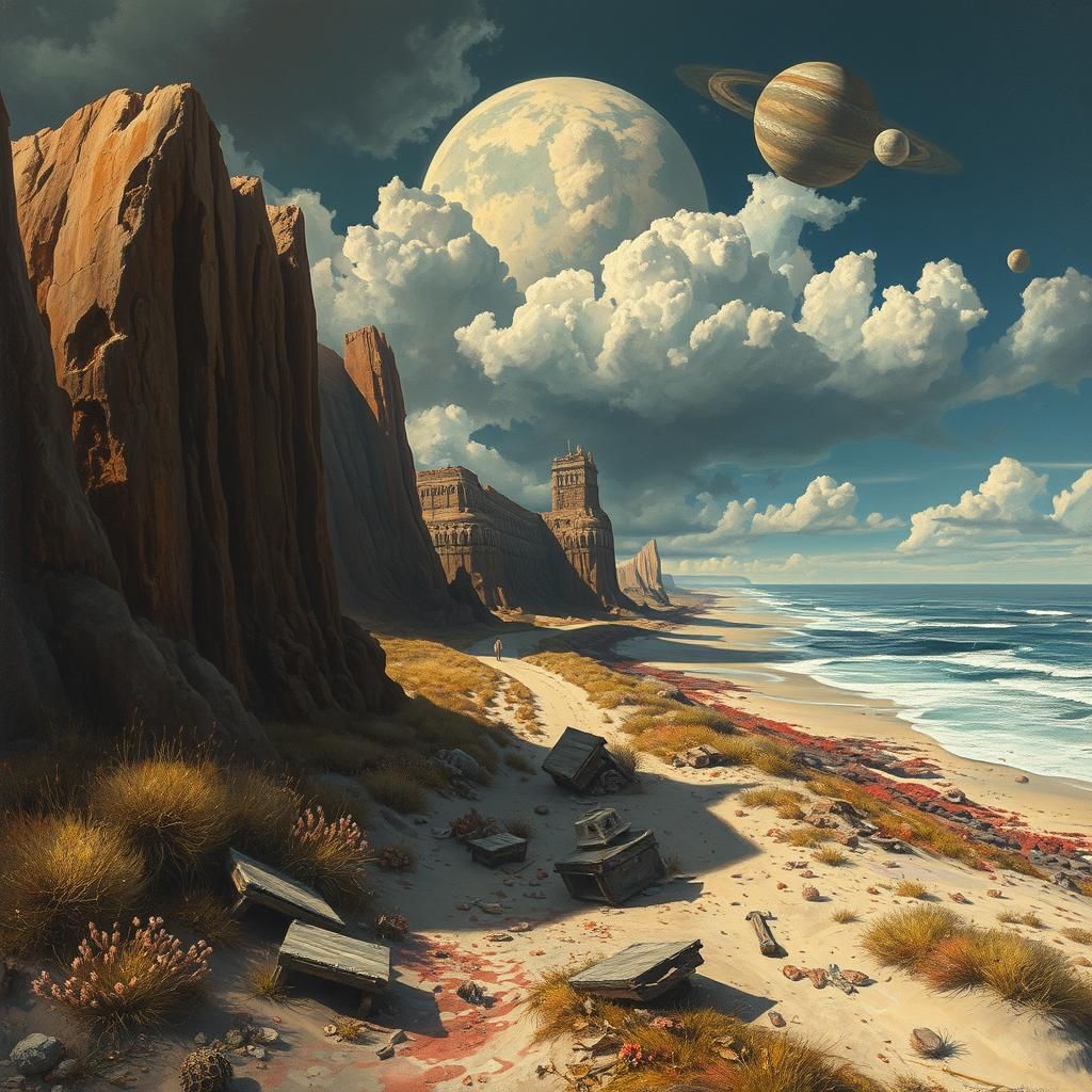 Surreal Planetary Landscape in Oil Painting Style