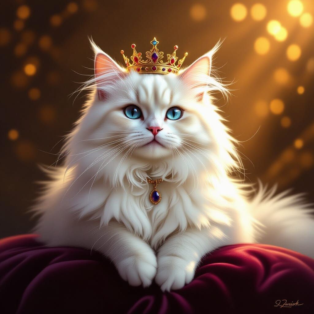 Regal White Cat on Velvet Cushion