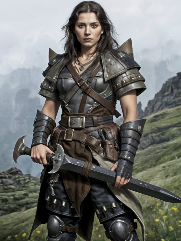 Strong Female Warrior in Folk Art Style