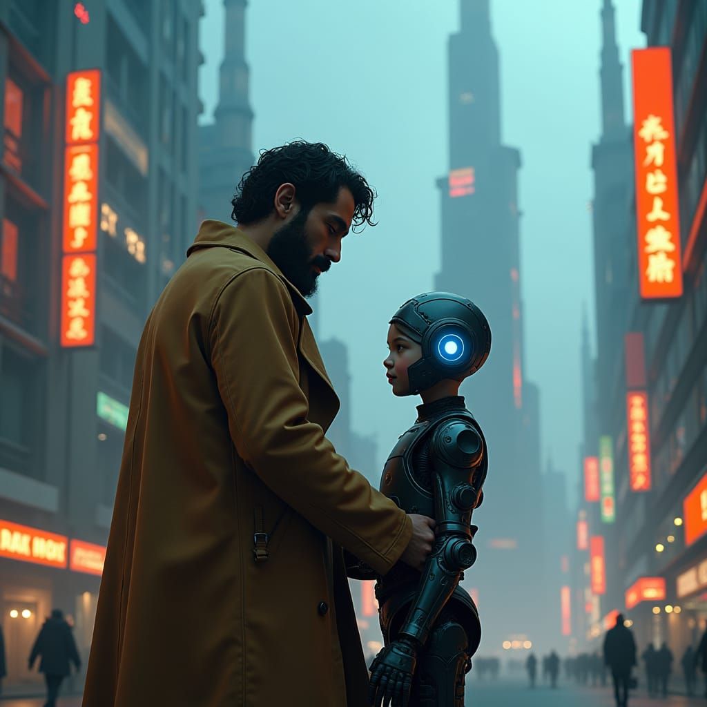 Man Comforts Cyborg Child in Sci-Fi Cityscape