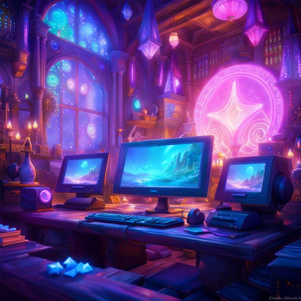 Magical Computer Displaying Lush Fantasy World