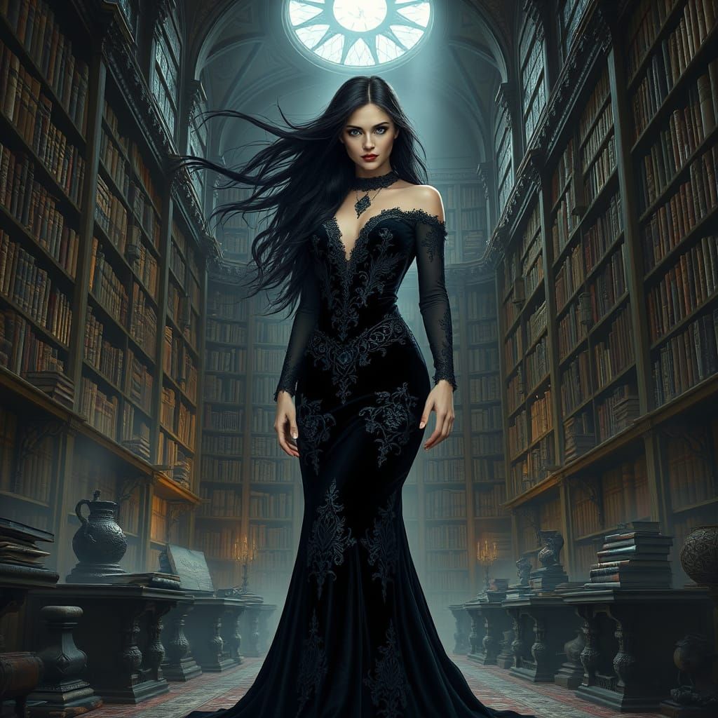 Gothic Woman in Decaying Library, Dark Fantasy Art