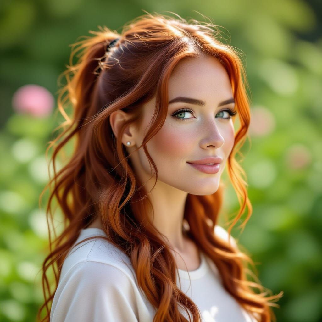 Realistic Portrait of a Woman with Red Wavy Hair