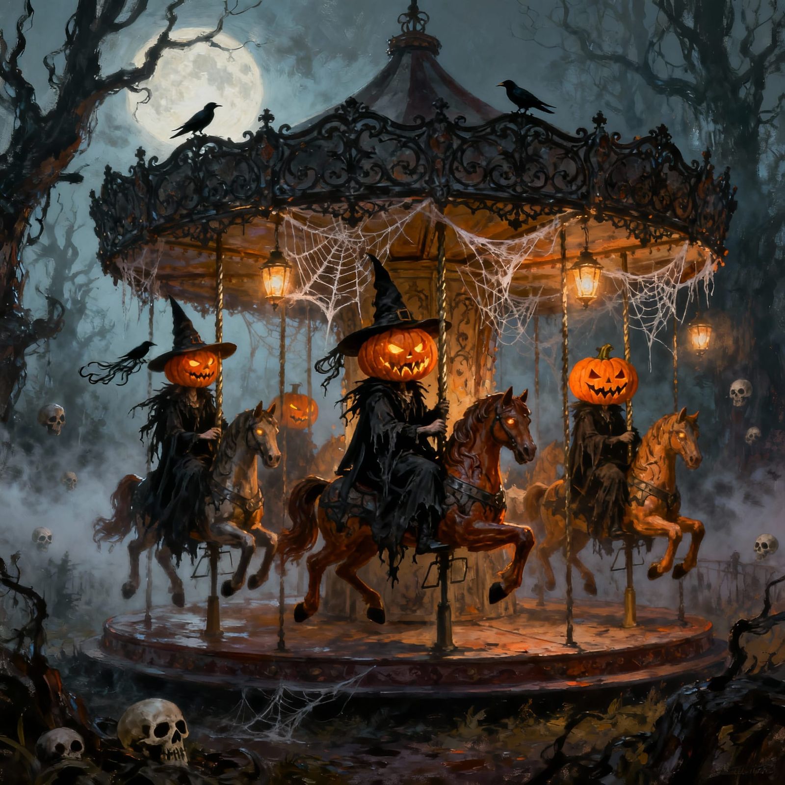 Witches Riding Pumpkin Steeds in Sinister Oil Painting