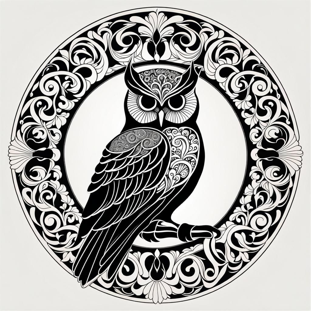 Ornate Owl in Swirling Frame, Zentangle Line Art