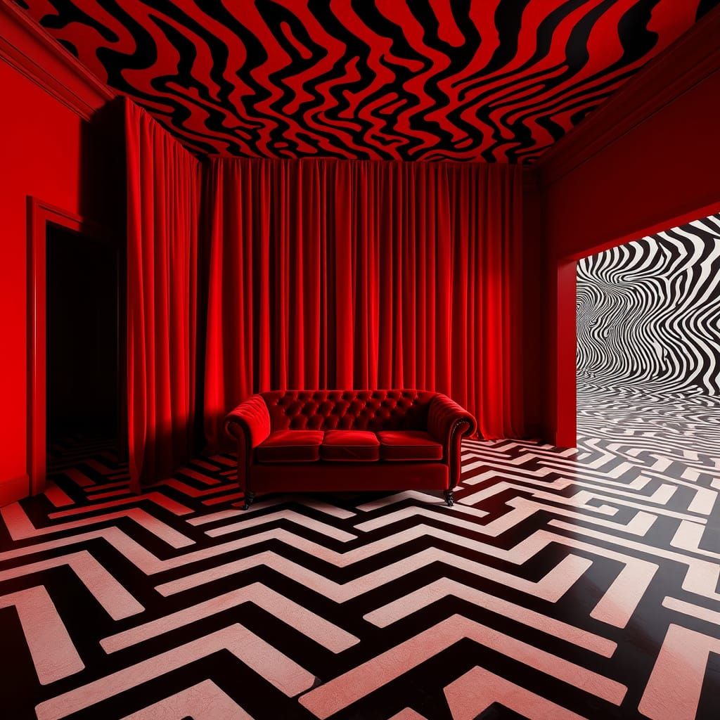 Surreal Black Lodge Scene in a David Lynch-Inspired Art Styl...
